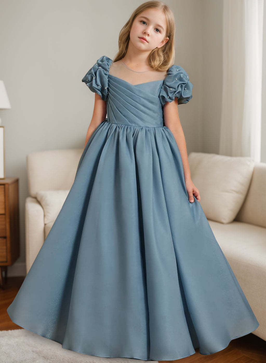 Princess A-Line Floor-Length Flower Girl Dress with Scoop Neck and Ruffled Short Sleeves