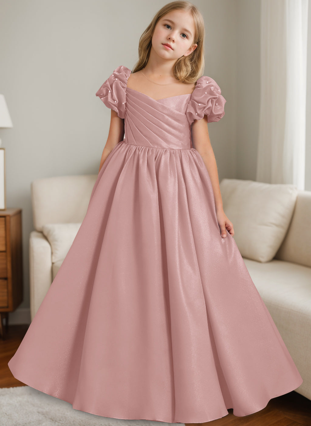 Princess A-Line Floor-Length Flower Girl Dress with Scoop Neck and Ruffled Short Sleeves