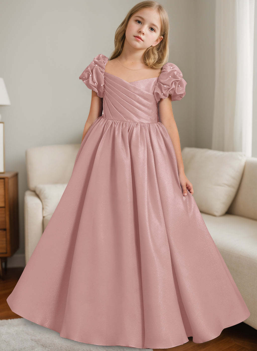 Princess A-Line Floor-Length Flower Girl Dress with Scoop Neck and Ruffled Short Sleeves