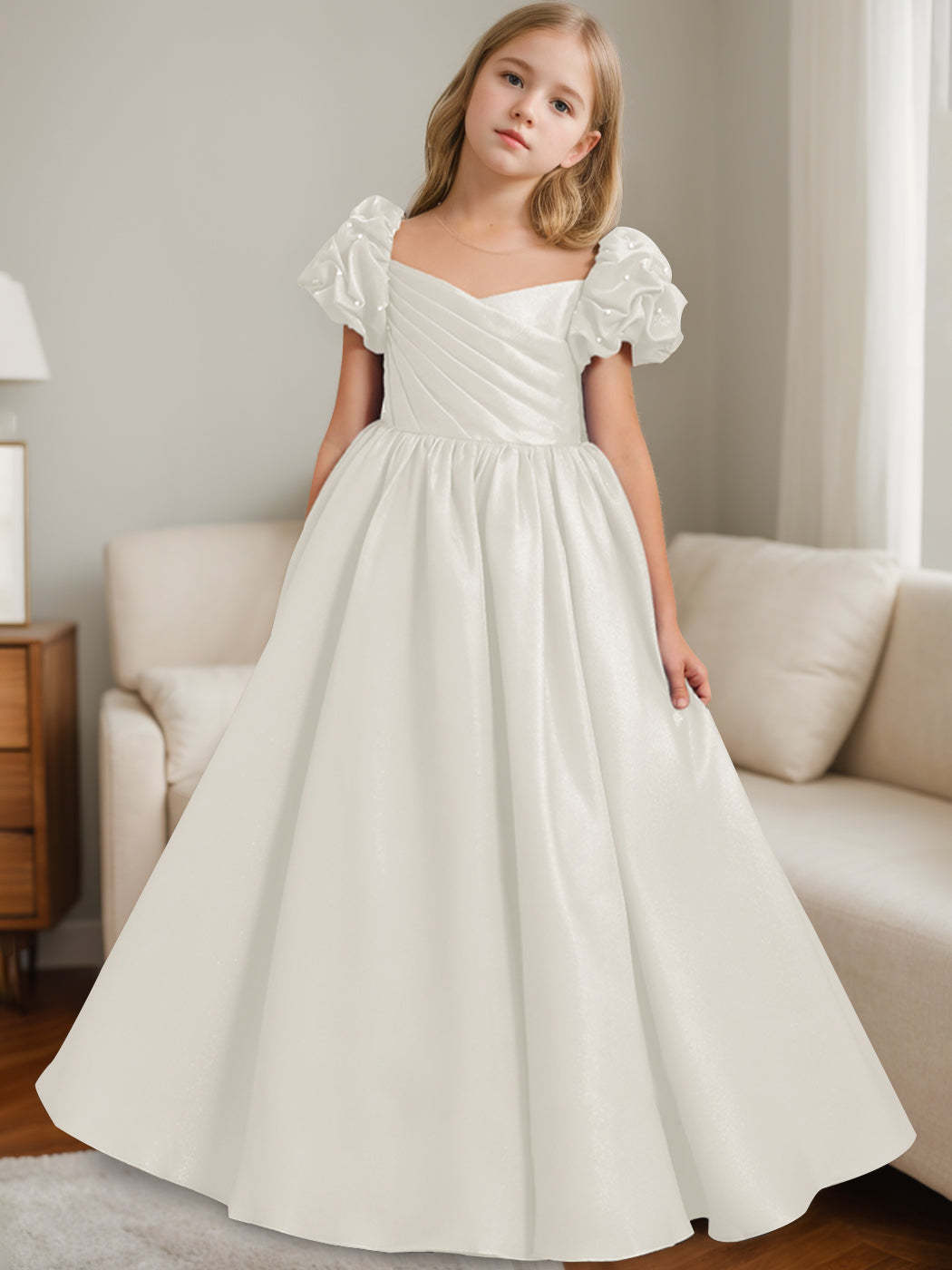 Princess A-Line Floor-Length Flower Girl Dress with Scoop Neck and Ruffled Short Sleeves