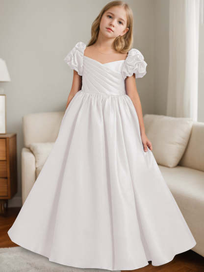 Princess A-Line Floor-Length Flower Girl Dress with Scoop Neck and Ruffled Short Sleeves