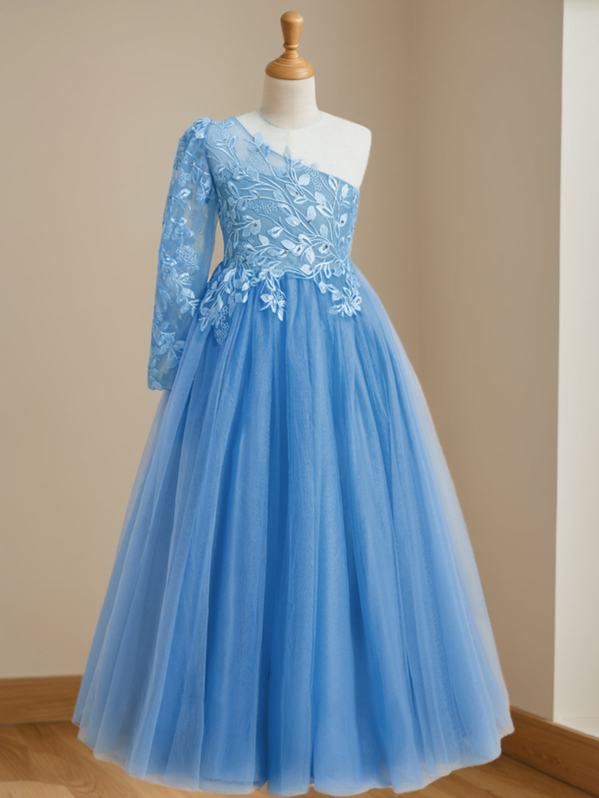 One-Shoulder Floor-Length A-Line Princess Dress with Appliques for Flower Girls