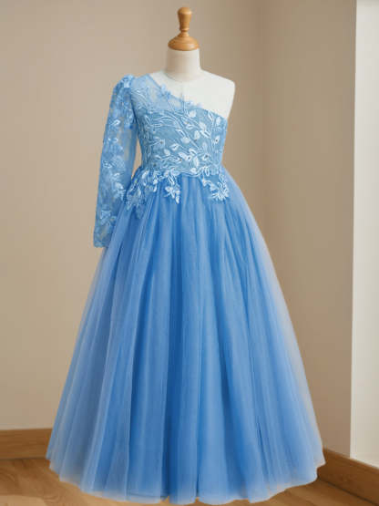 One-Shoulder Floor-Length A-Line Princess Dress with Appliques for Flower Girls