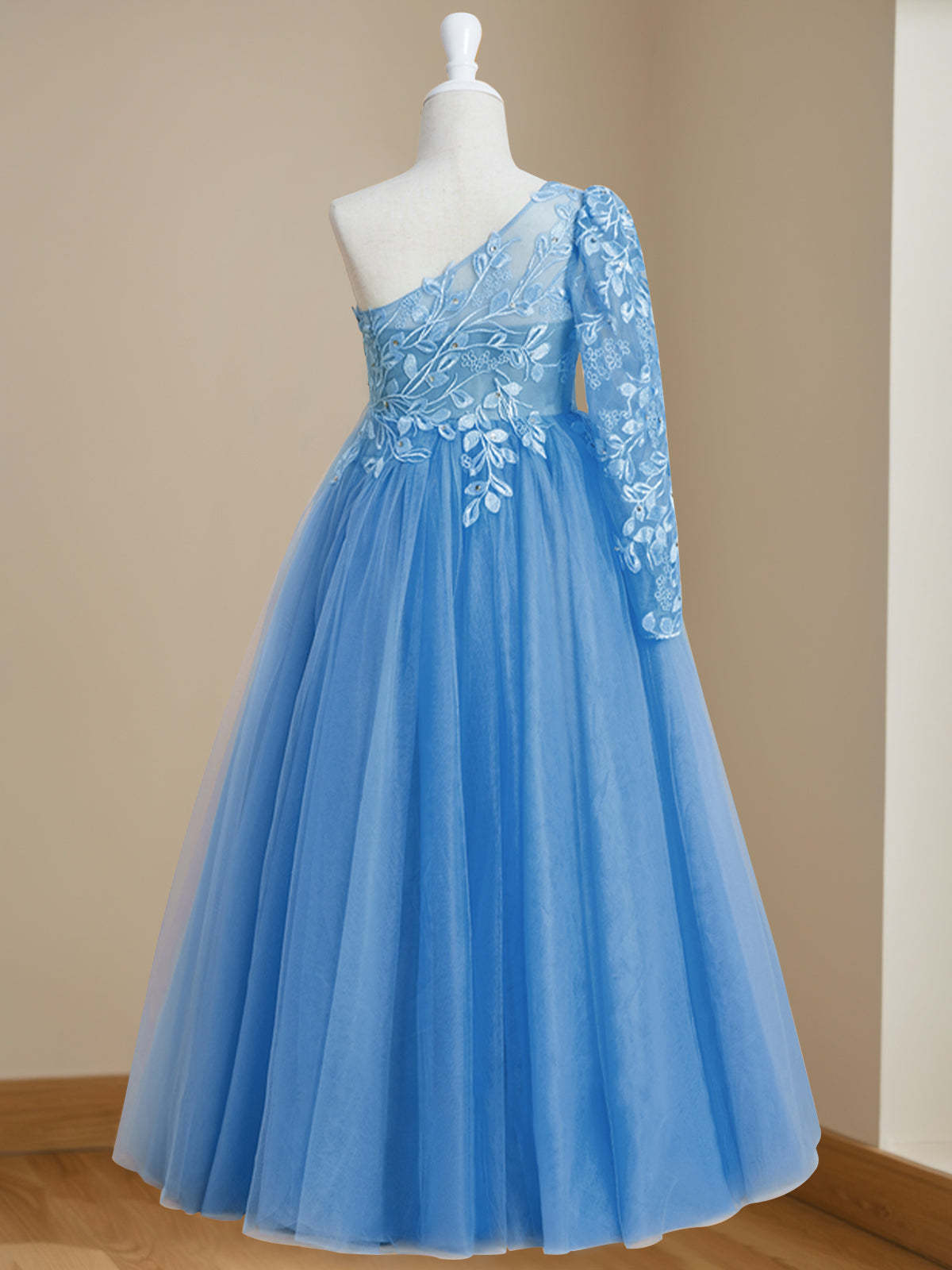One-Shoulder Floor-Length A-Line Princess Dress with Appliques for Flower Girls