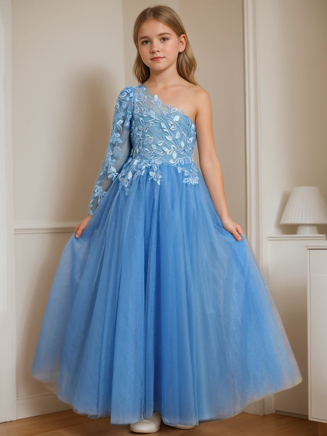 One-Shoulder Floor-Length A-Line Princess Dress with Appliques for Flower Girls