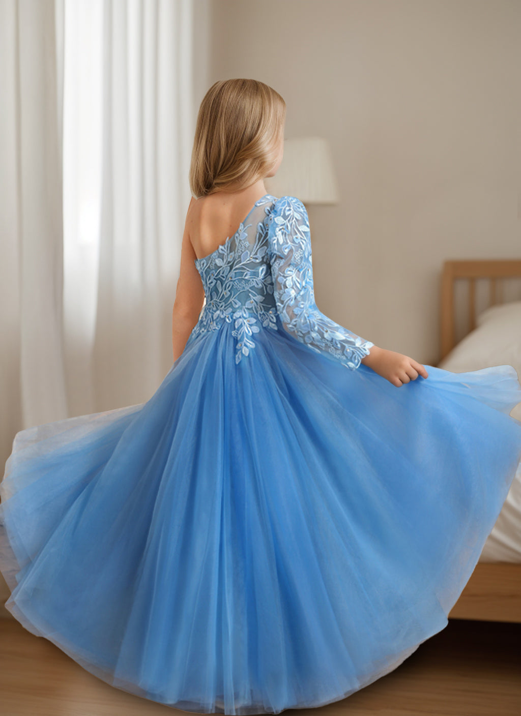 One-Shoulder Floor-Length A-Line Princess Dress with Appliques for Flower Girls