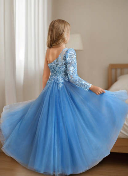 One-Shoulder Floor-Length A-Line Princess Dress with Appliques for Flower Girls