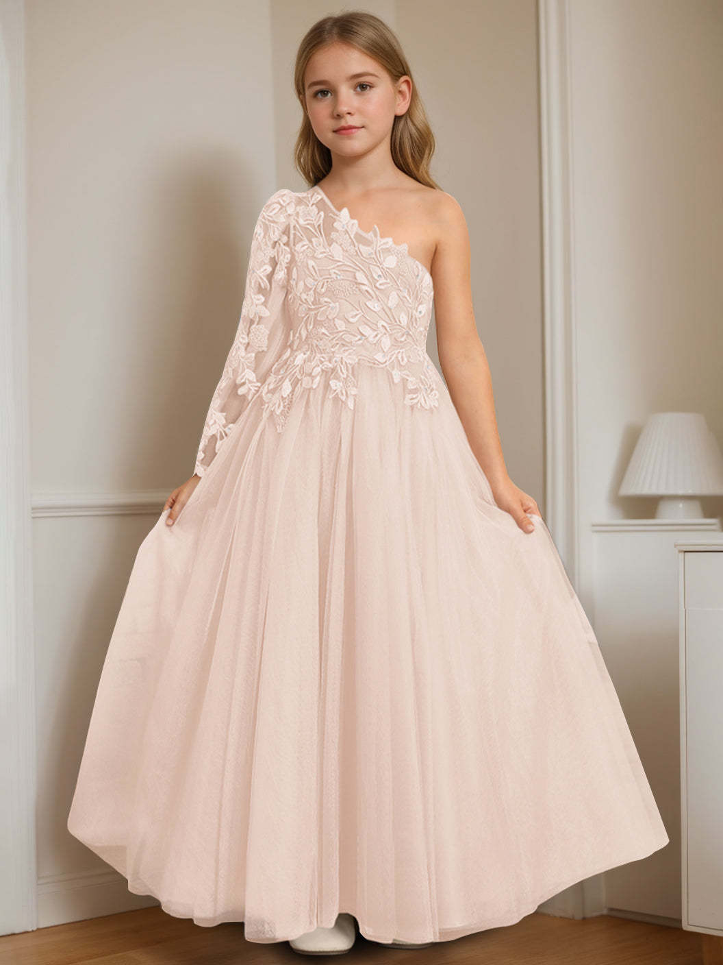One-Shoulder Floor-Length A-Line Princess Dress with Appliques for Flower Girls