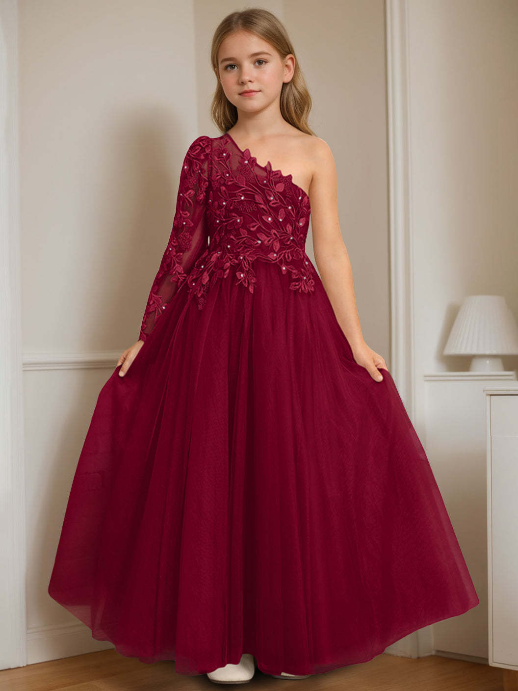 One-Shoulder Floor-Length A-Line Princess Dress with Appliques for Flower Girls