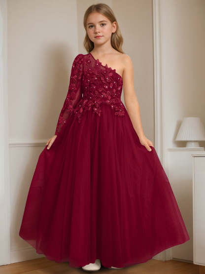 One-Shoulder Floor-Length A-Line Princess Dress with Appliques for Flower Girls