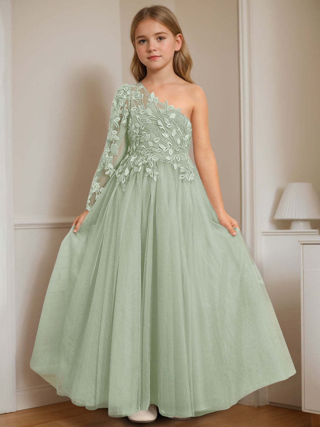 One-Shoulder Floor-Length A-Line Princess Dress with Appliques for Flower Girls