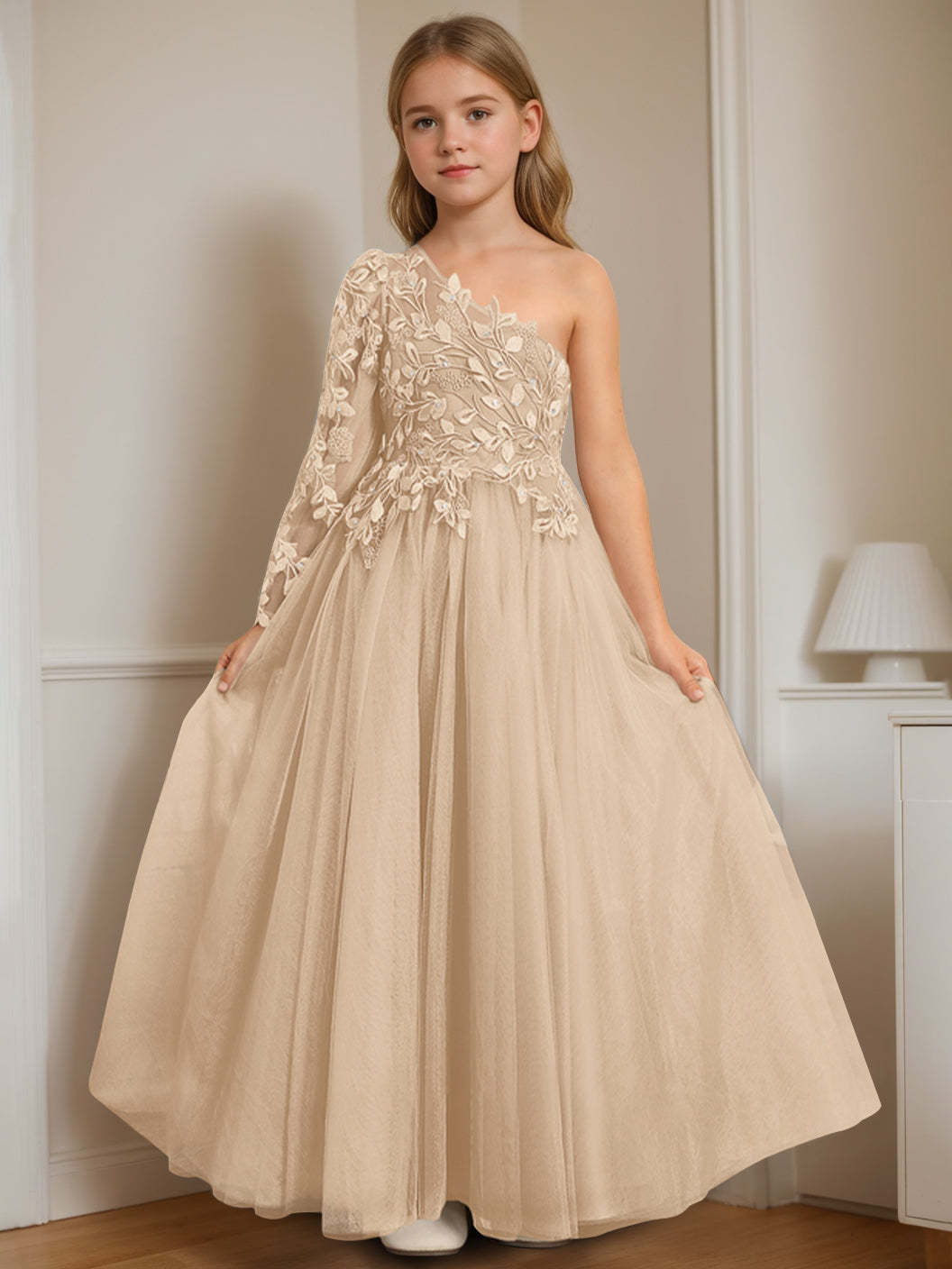 One-Shoulder Floor-Length A-Line Princess Dress with Appliques for Flower Girls