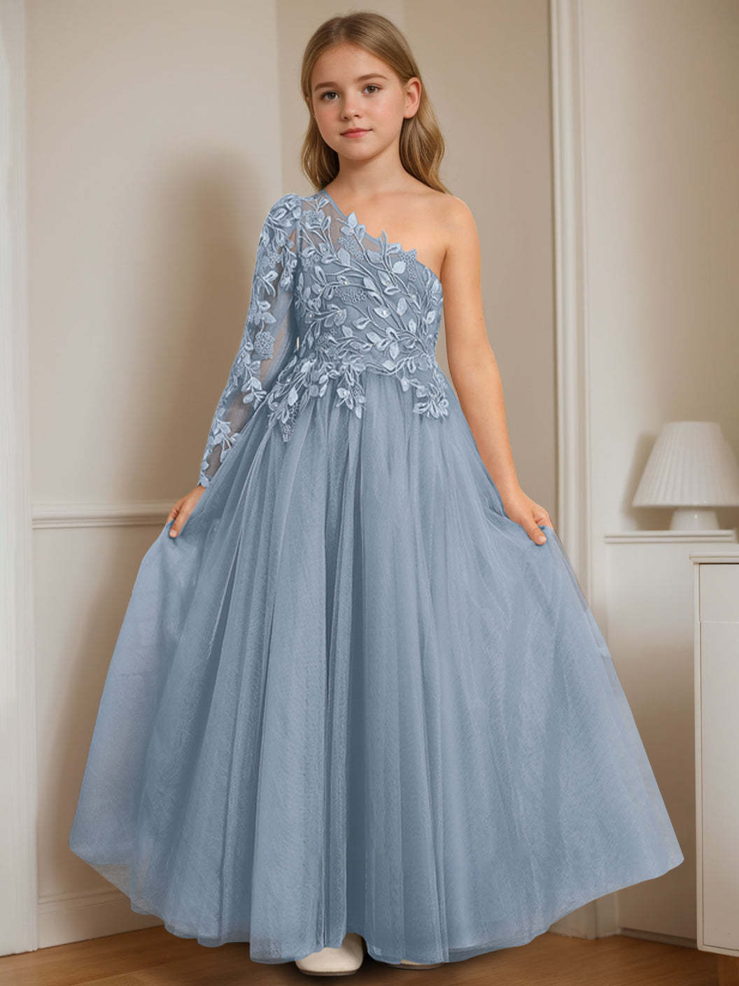 One-Shoulder Floor-Length A-Line Princess Dress with Appliques for Flower Girls
