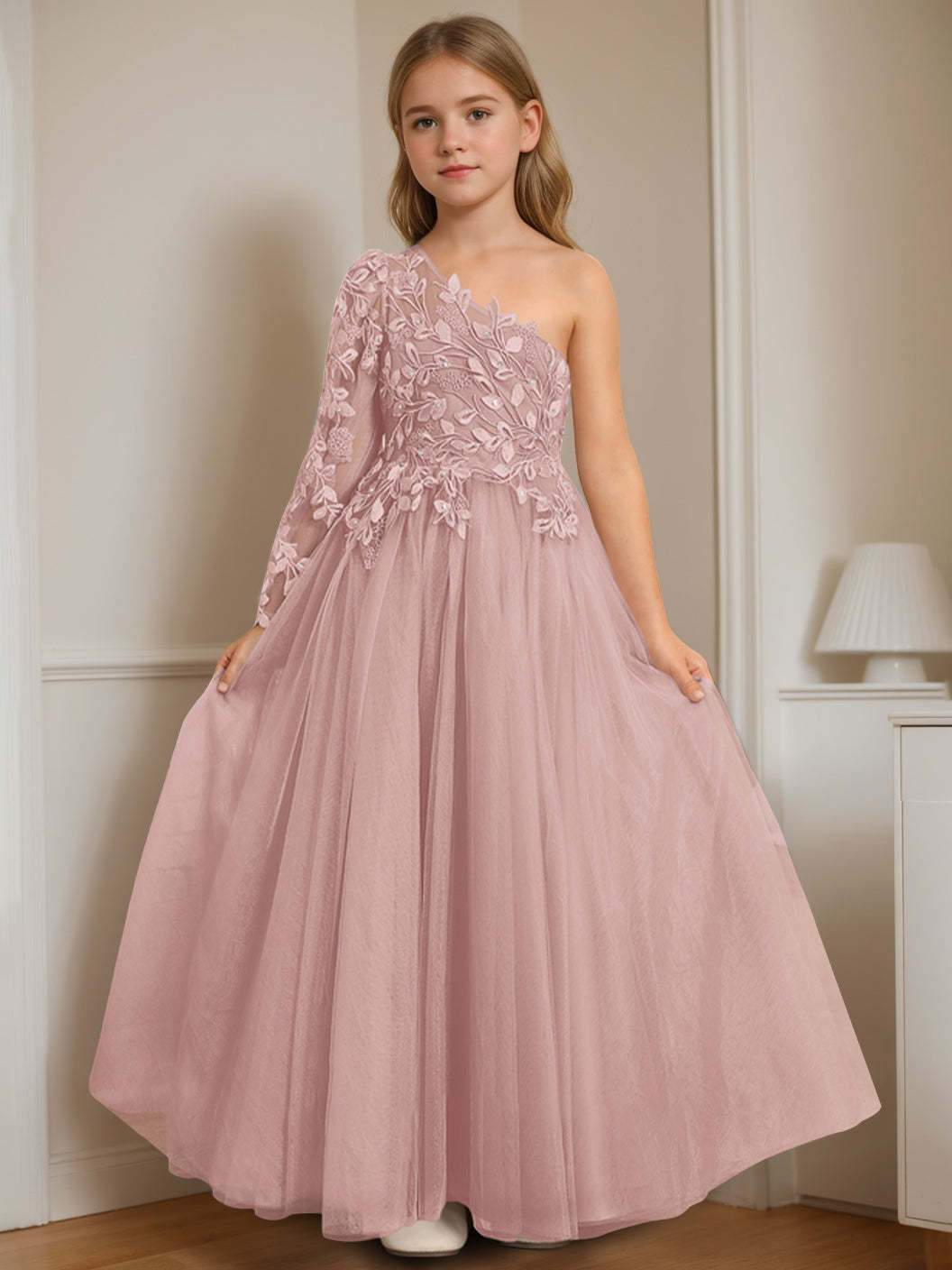 One-Shoulder Floor-Length A-Line Princess Dress with Appliques for Flower Girls