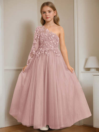 One-Shoulder Floor-Length A-Line Princess Dress with Appliques for Flower Girls