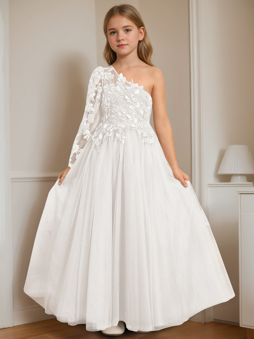 One-Shoulder Floor-Length A-Line Princess Dress with Appliques for Flower Girls