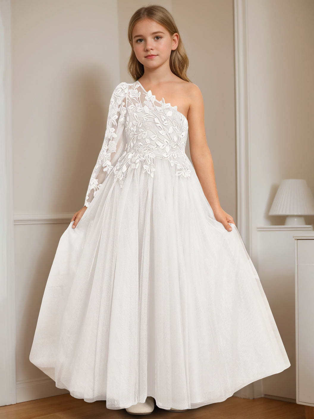 One-Shoulder Floor-Length A-Line Princess Dress with Appliques for Flower Girls