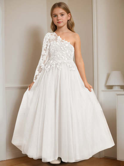 One-Shoulder Floor-Length A-Line Princess Dress with Appliques for Flower Girls