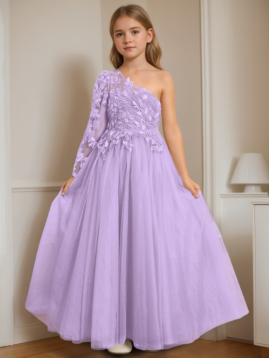 One-Shoulder Floor-Length A-Line Princess Dress with Appliques for Flower Girls