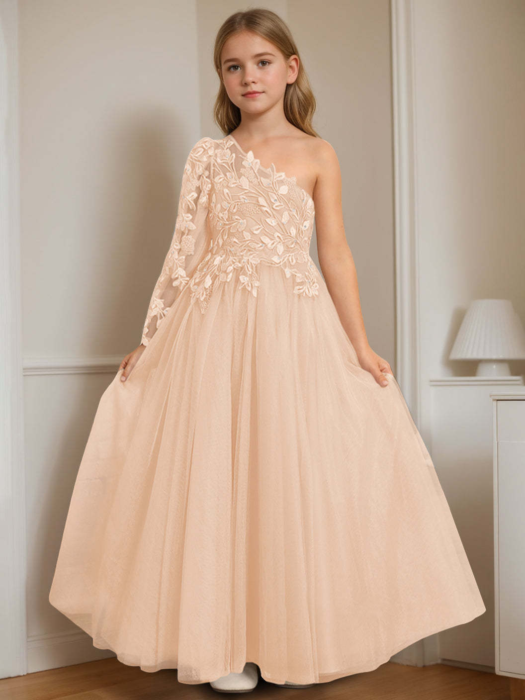 One-Shoulder Floor-Length A-Line Princess Dress with Appliques for Flower Girls