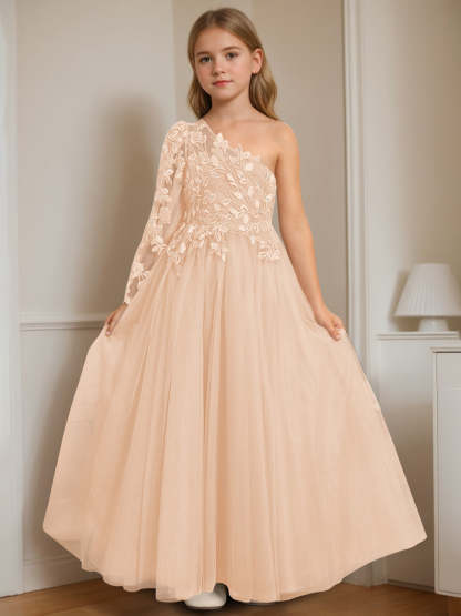 One-Shoulder Floor-Length A-Line Princess Dress with Appliques for Flower Girls
