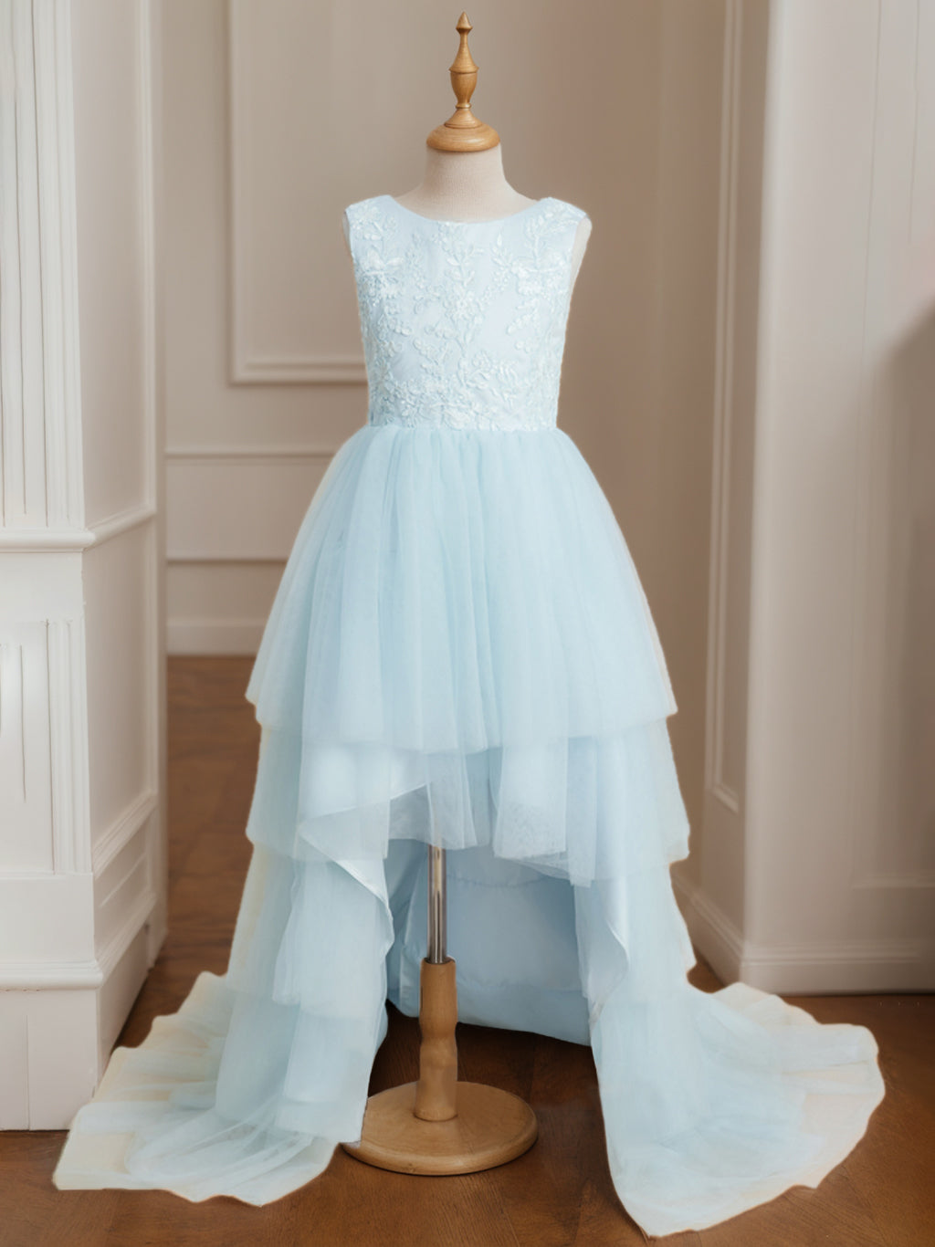 Asymmetrical Sleeveless Scoop-Neck Flower Girl Ball Gown with Bowknot