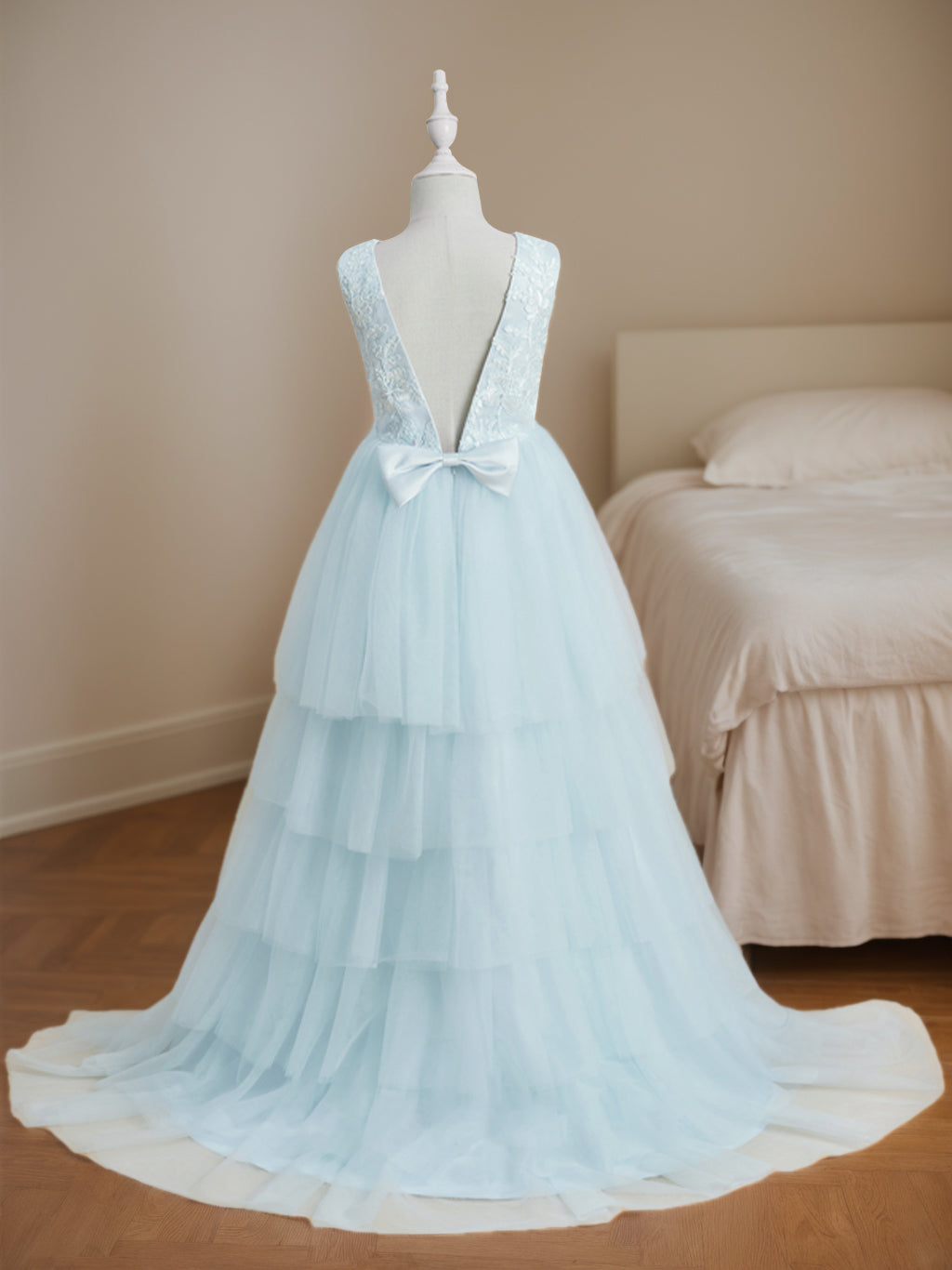 Asymmetrical Sleeveless Scoop-Neck Flower Girl Ball Gown with Bowknot