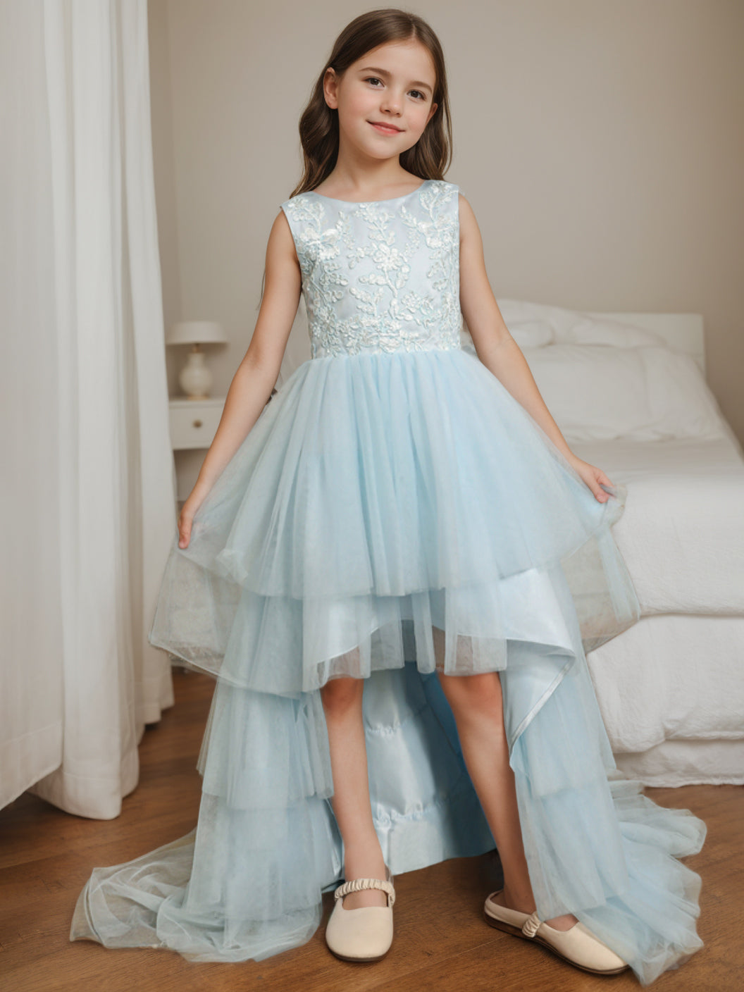 Asymmetrical Sleeveless Scoop-Neck Flower Girl Ball Gown with Bowknot