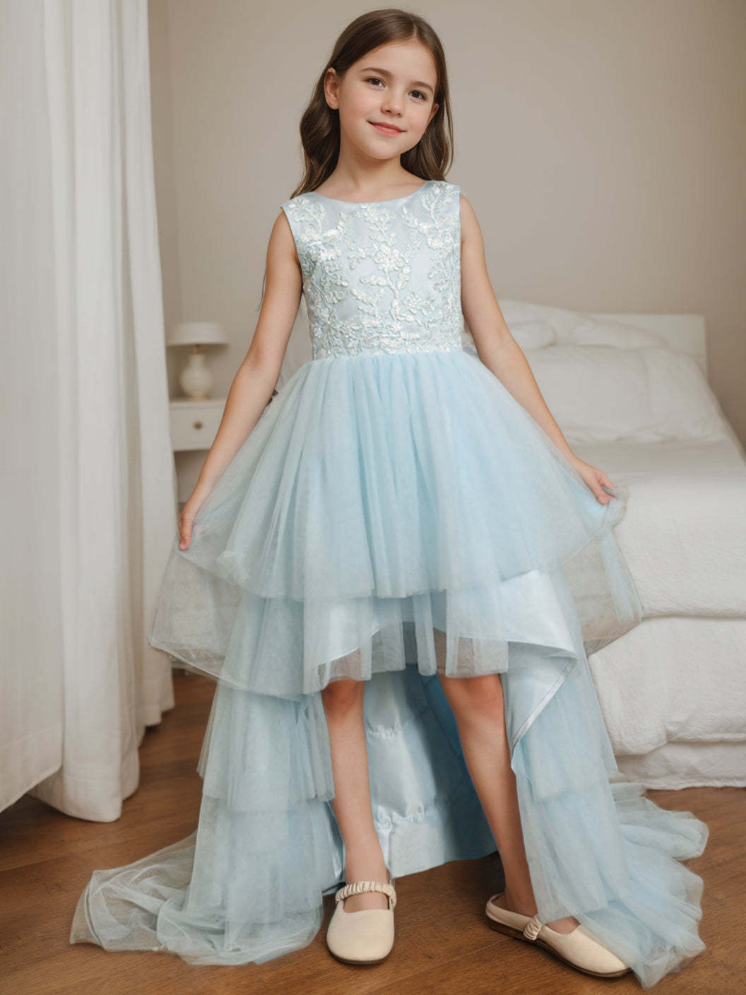 Asymmetrical Sleeveless Scoop-Neck Flower Girl Ball Gown with Bowknot