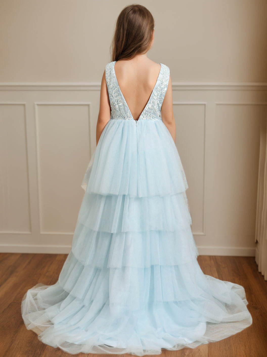 Asymmetrical Sleeveless Scoop-Neck Flower Girl Ball Gown with Bowknot