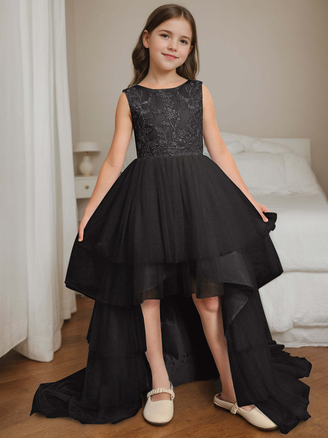 Asymmetrical Sleeveless Scoop-Neck Flower Girl Ball Gown with Bowknot