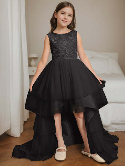 Asymmetrical Sleeveless Scoop-Neck Flower Girl Ball Gown with Bowknot