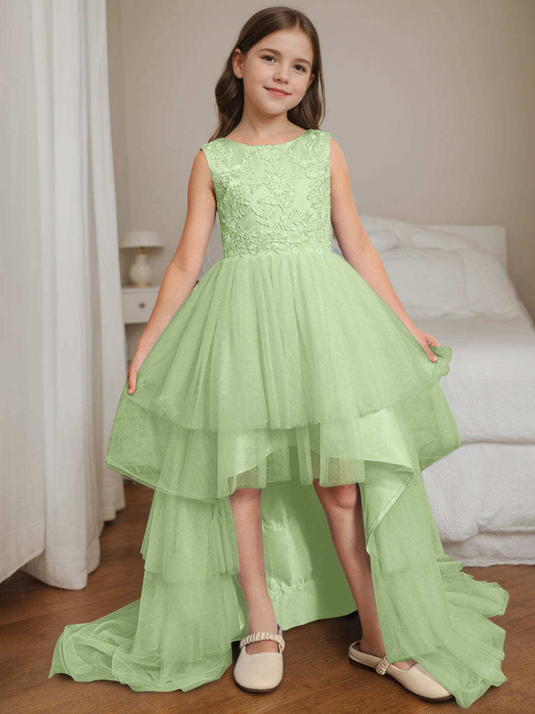 Asymmetrical Sleeveless Scoop-Neck Flower Girl Ball Gown with Bowknot