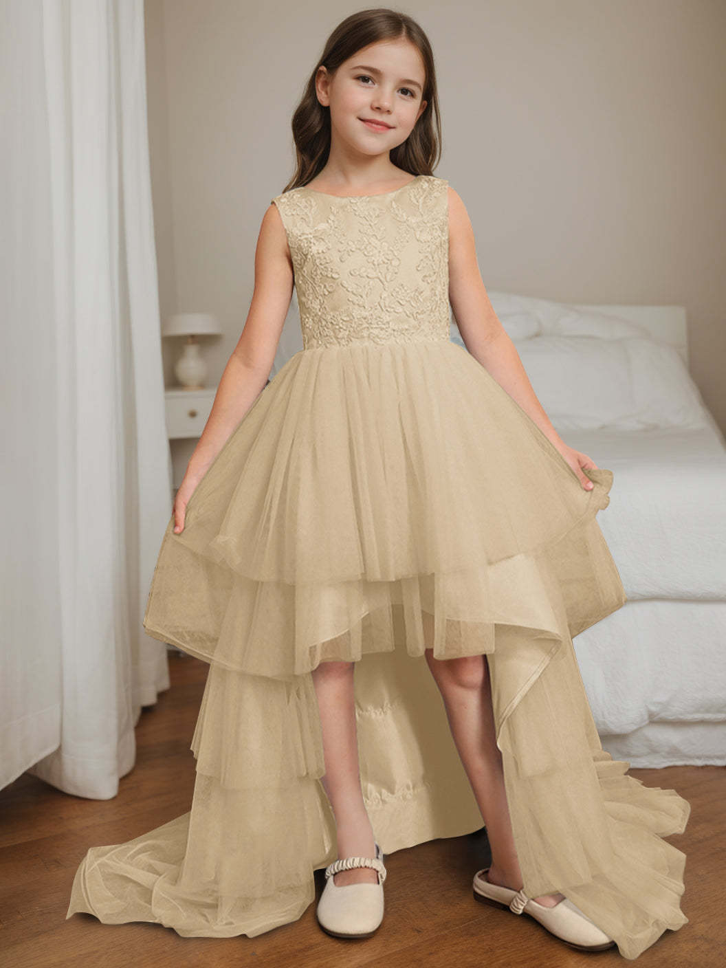 Asymmetrical Sleeveless Scoop-Neck Flower Girl Ball Gown with Bowknot