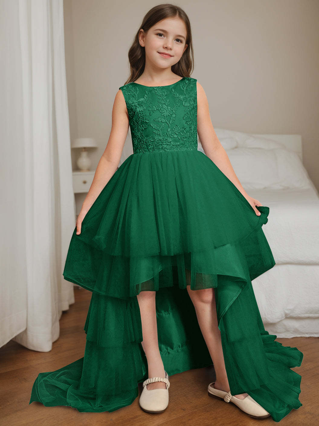 Asymmetrical Sleeveless Scoop-Neck Flower Girl Ball Gown with Bowknot