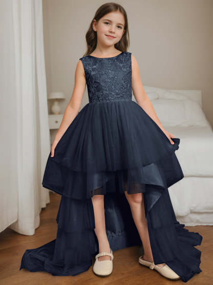 Asymmetrical Sleeveless Scoop-Neck Flower Girl Ball Gown with Bowknot