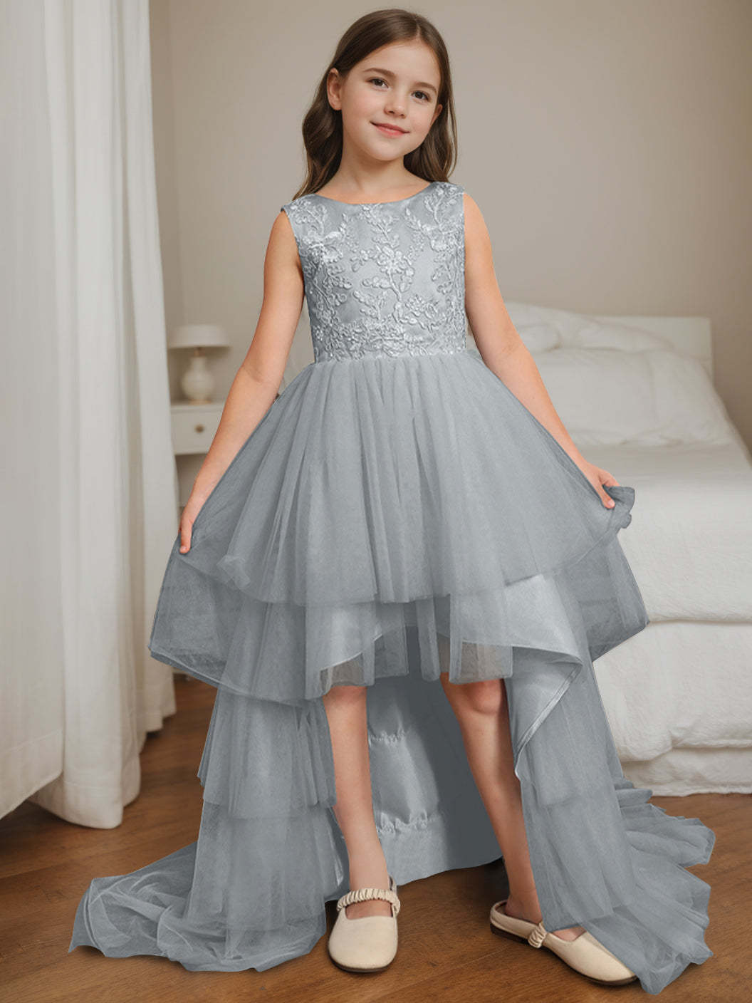 Asymmetrical Sleeveless Scoop-Neck Flower Girl Ball Gown with Bowknot