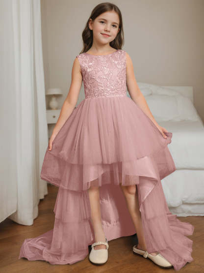 Asymmetrical Sleeveless Scoop-Neck Flower Girl Ball Gown with Bowknot