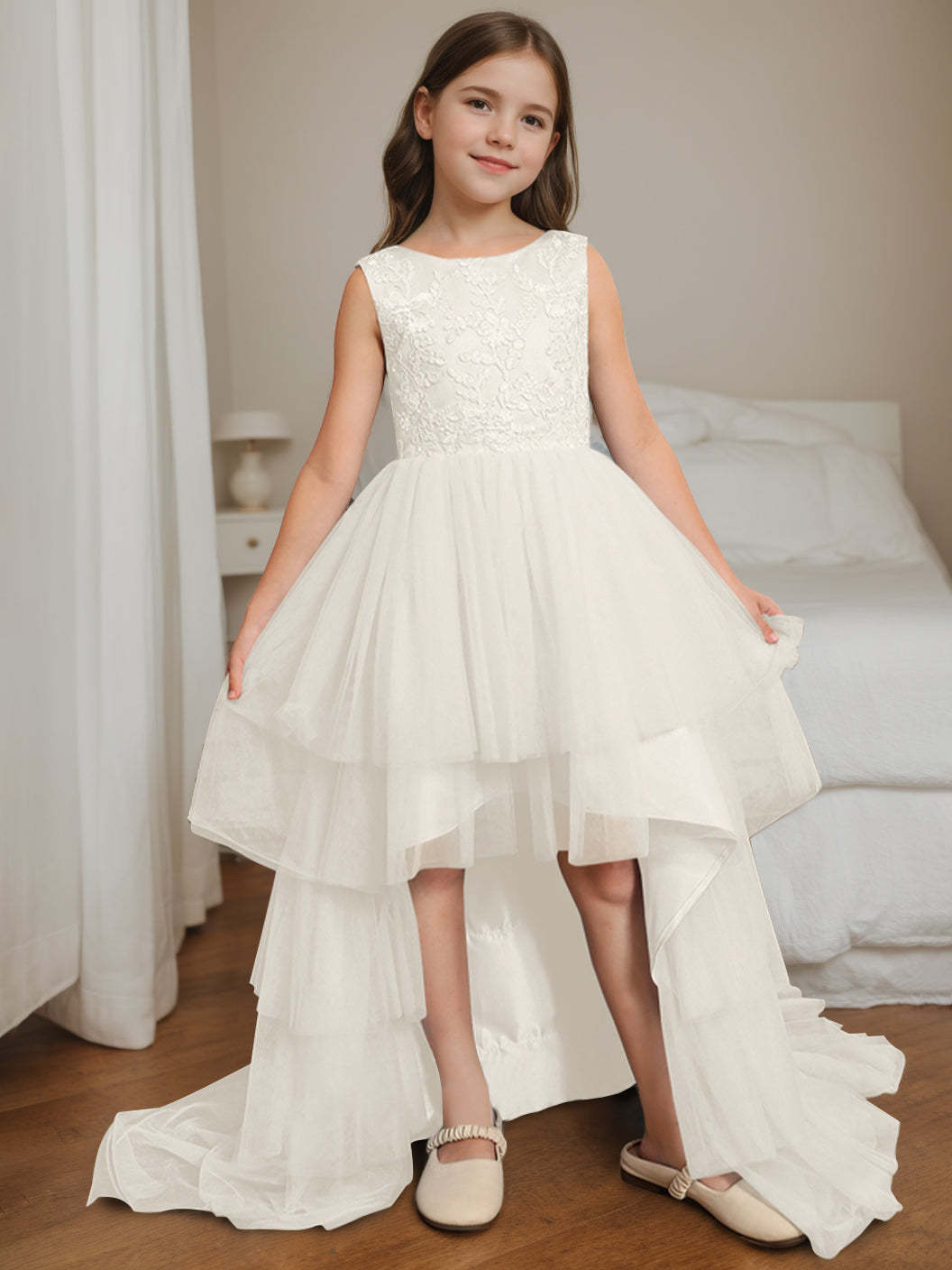 Asymmetrical Sleeveless Scoop-Neck Flower Girl Ball Gown with Bowknot