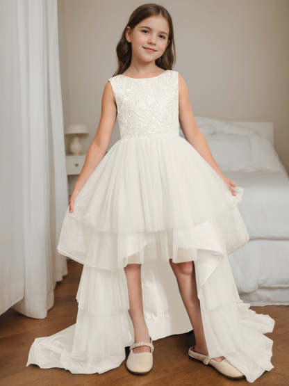 Asymmetrical Sleeveless Scoop-Neck Flower Girl Ball Gown with Bowknot