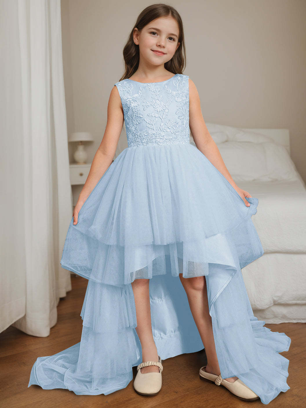 Asymmetrical Sleeveless Scoop-Neck Flower Girl Ball Gown with Bowknot