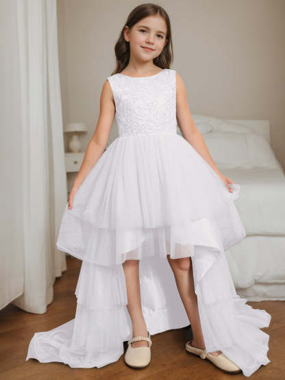 Asymmetrical Sleeveless Scoop-Neck Flower Girl Ball Gown with Bowknot