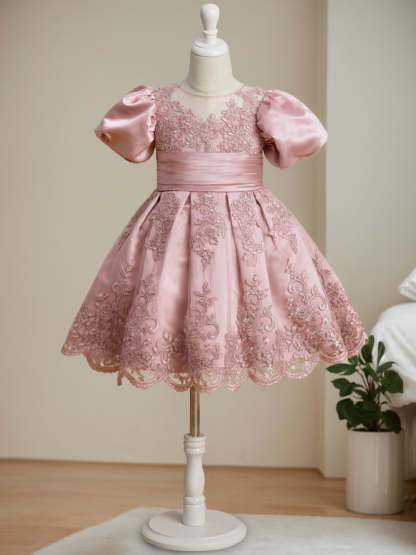 Scoop Neck Knee-Length Ball Gown with Short Sleeves and Appliques for Flower Girls