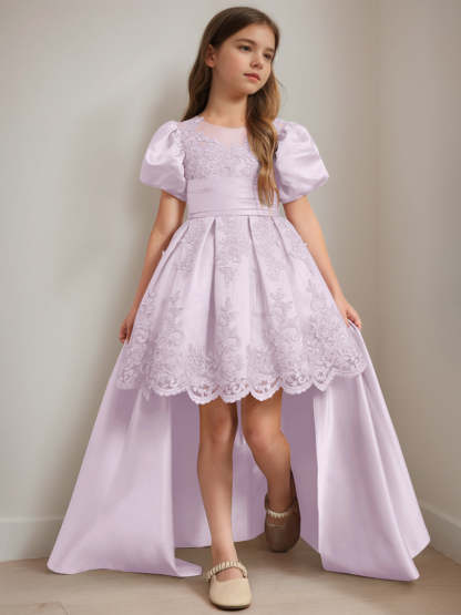 Scoop Neck Knee-Length Ball Gown with Short Sleeves and Appliques for Flower Girls