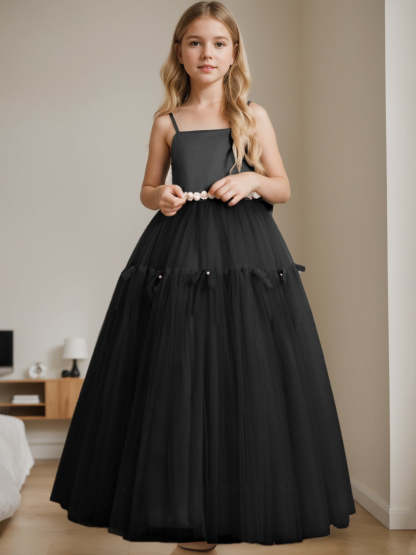 Floor-Length Sleeveless A-Line Flower Girl Dress with Square Neck and Beading
