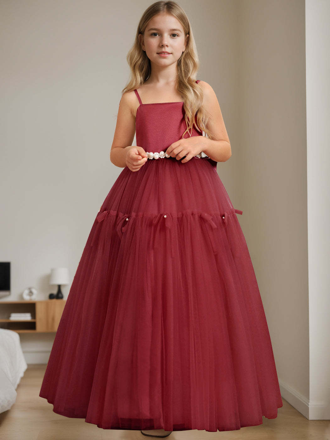 Floor-Length Sleeveless A-Line Flower Girl Dress with Square Neck and Beading