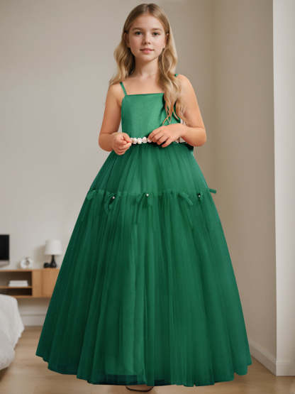 Floor-Length Sleeveless A-Line Flower Girl Dress with Square Neck and Beading