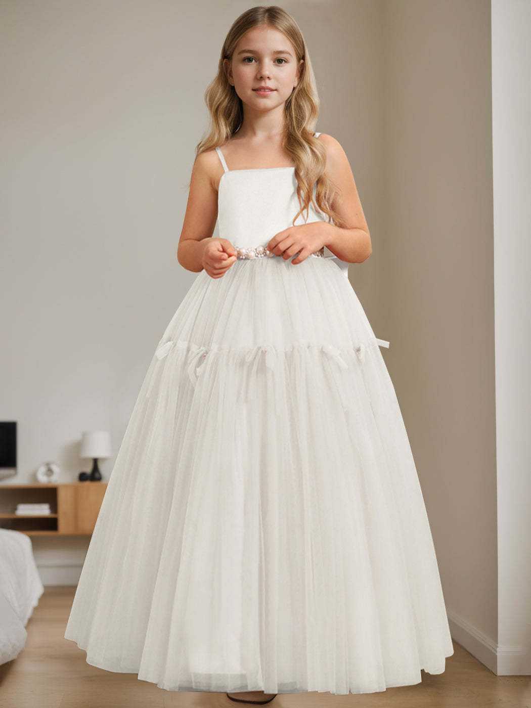 Floor-Length Sleeveless A-Line Flower Girl Dress with Square Neck and Beading