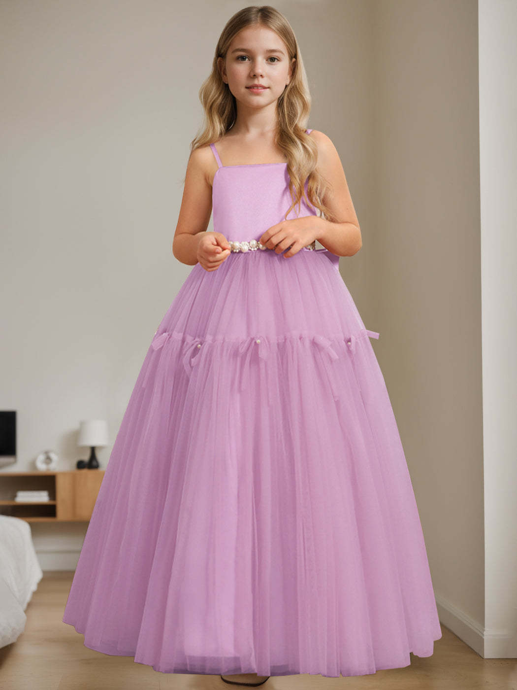 Floor-Length Sleeveless A-Line Flower Girl Dress with Square Neck and Beading