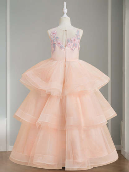 Sleeveless Scoop-Neck Ball Gown with Lace Appliques for Flower Girls